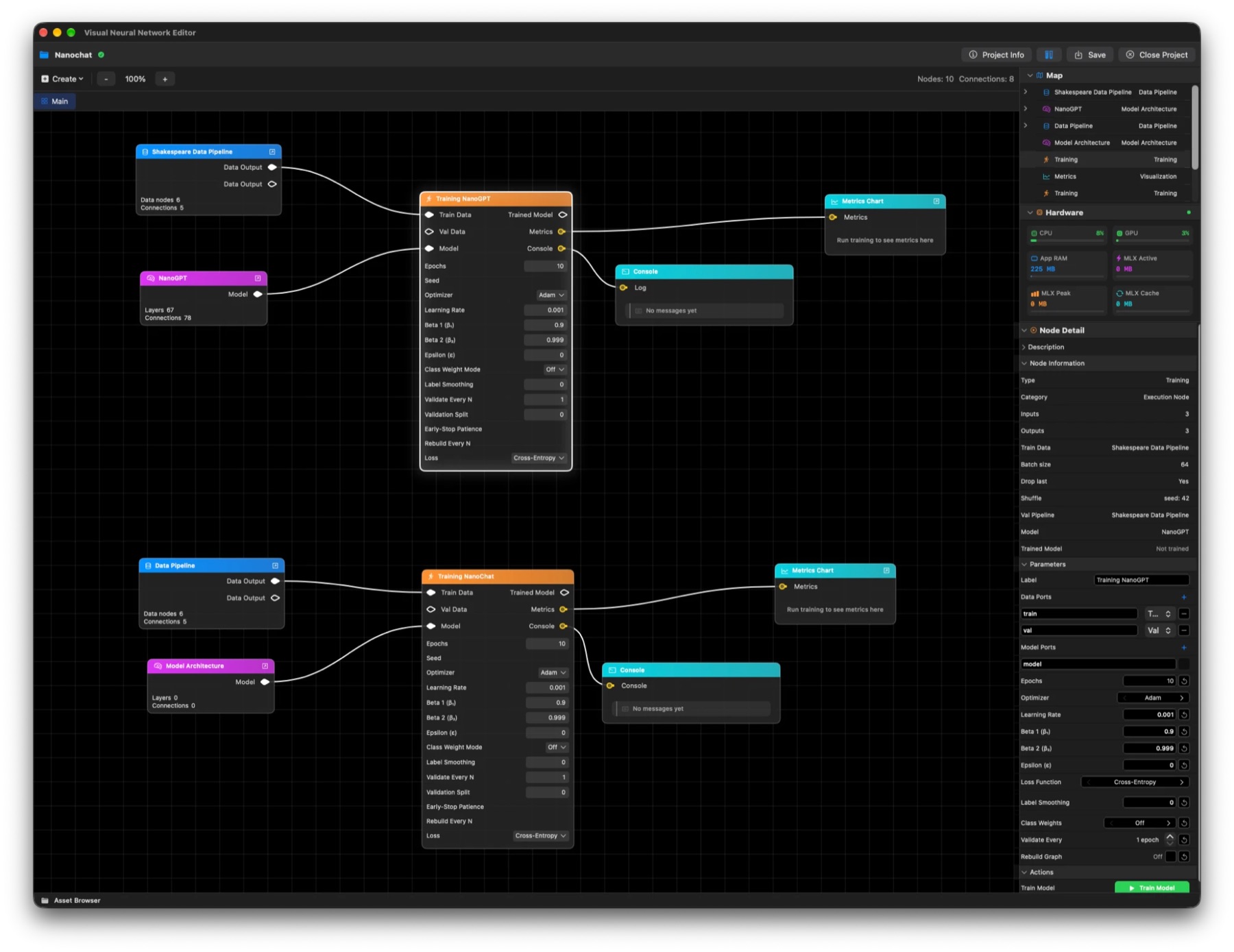 Sandridge editor showing data pipeline, model and training nodes wired together